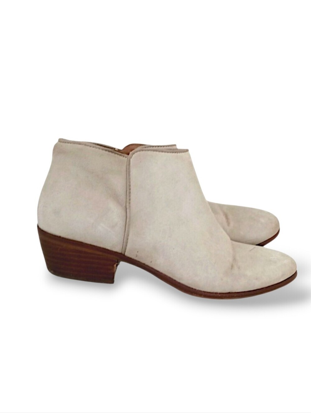 Sam Edelman Suede Ankle Booties Beige Gray Low Wood Stacked Heel 8 Western